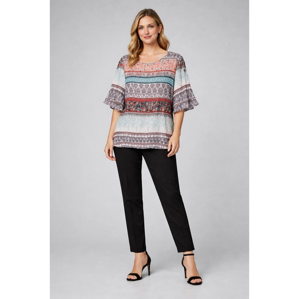 Cato Patchwork Boho Blouse XL Stripe Floral 3/4 Ruffle Sleeve Button Top